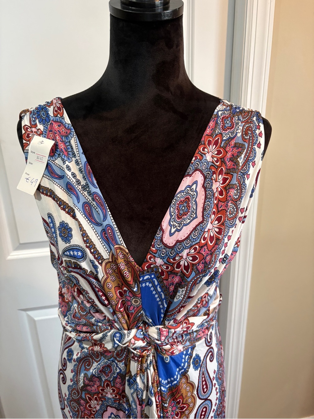 Paisley Print V-Neck Tie-Waist Maxi Dress - Blue, Red, Pink
